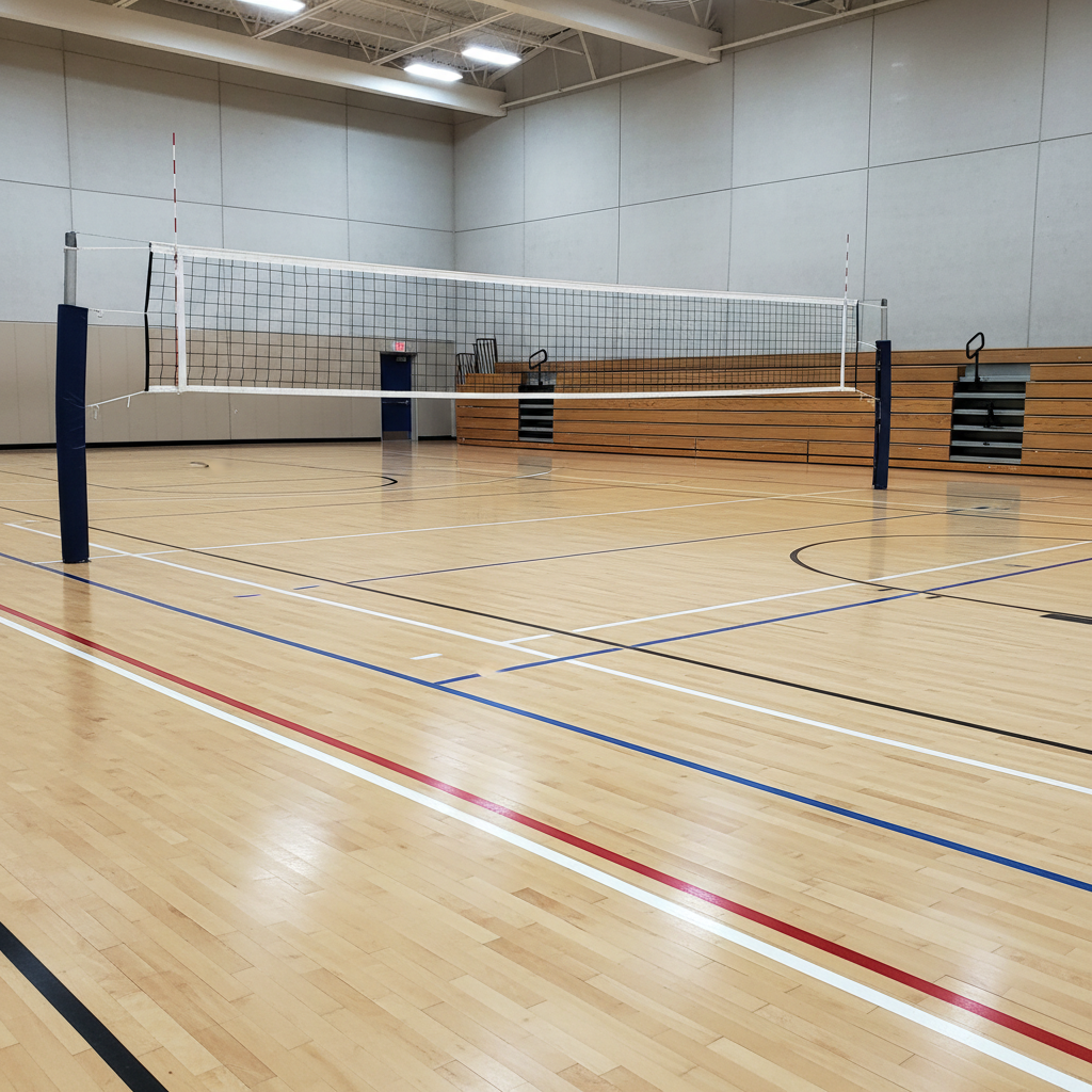 A full indoor volleyball court photographed from a slightly elevated corner angle, showcasing a complete, well-maintained playing environment. The wooden floor shines with a light satin finish, with vivid white and colored boundary lines clearly visible. A regulation-height net stretches across the center, its fine mesh and tensioned cables crisply detailed. In the background, simple bleachers and a neutral-colored wall suggest a community sports hall without distracting signage. Bright, even overhead lighting eliminates harsh shadows, creating a clear, professional training atmosphere. The mood feels organized, welcoming, and dedicated to growth. The composition uses rule of thirds to balance the court, net, and background, with sharp focus throughout, in clean photographic realism that reflects a serious, inclusive volleyball club setting.