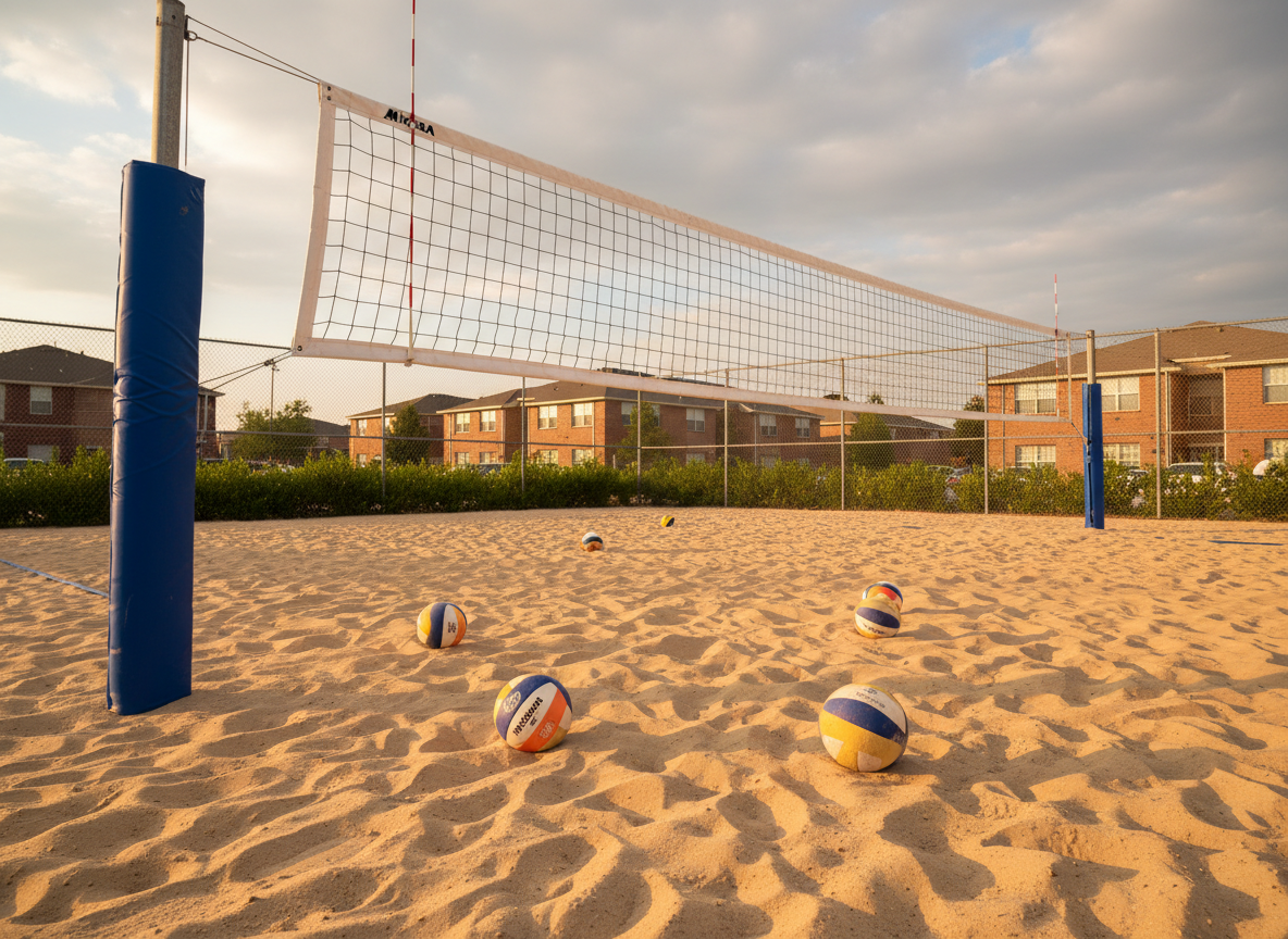 An outdoor community volleyball setup on a well-maintained sand court in a suburban sports complex, captured in bright but slightly diffused late-afternoon light. A sturdy net stretches between padded posts, with its mesh casting delicate patterns on the raked sand below. Multiple volleyballs rest near the baseline, their colorful panels dusted lightly with sand, suggesting recent dynamic play and teamwork. Beyond the court, low greenery, a simple fence, and distant buildings convey an accessible neighborhood setting without specific branding. The golden-tinged light creates soft, elongated shadows and a welcoming, vibrant mood. Photographed from waist height with a wide lens, the composition leads the eye from the foreground sand textures to the net and open sky, emphasizing community engagement and inclusivity in clean photographic realism.