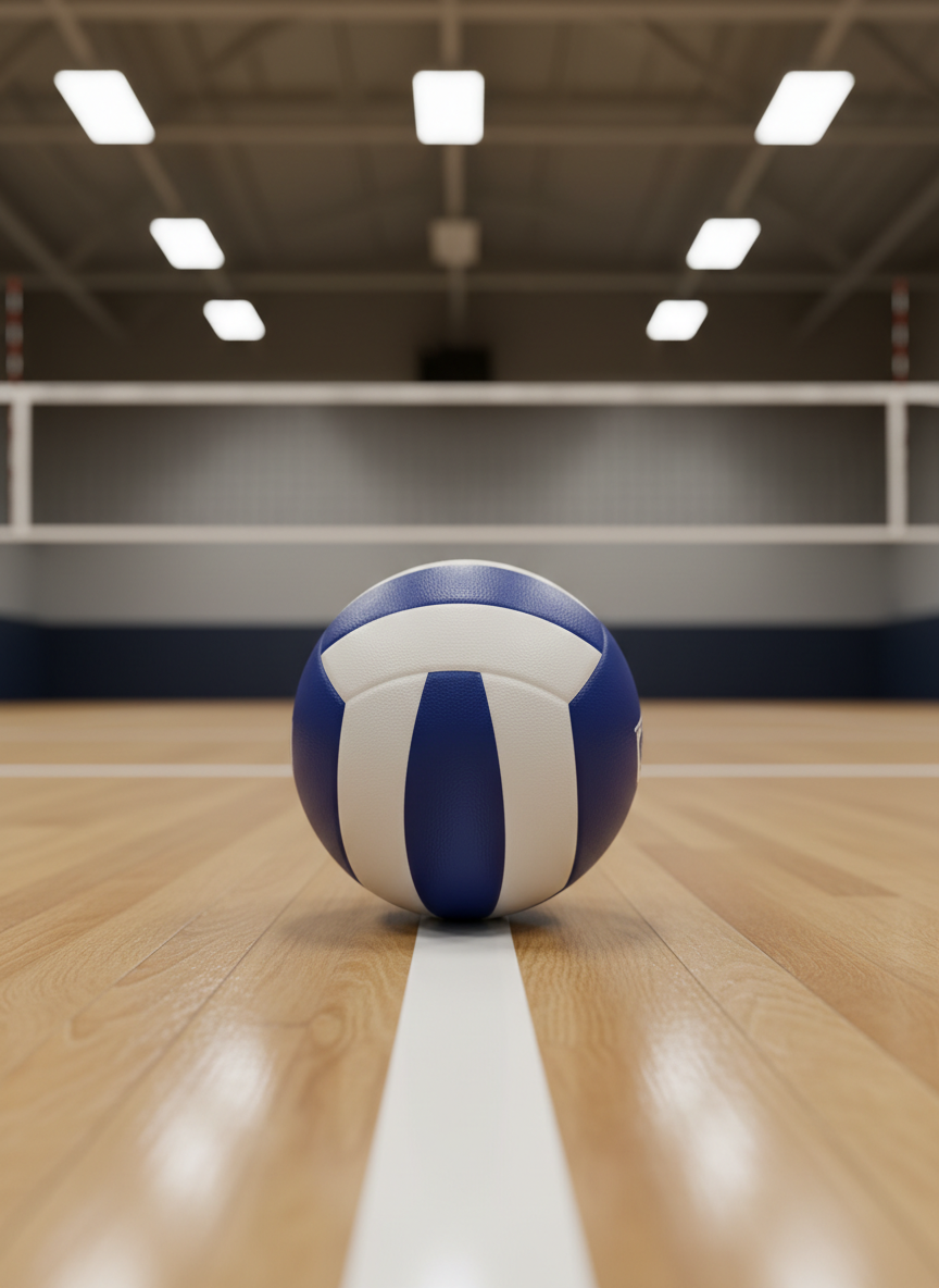 A pristine, competition-grade volleyball resting at center court on a smooth indoor wooden floor, its textured white and blue panels sharply defined. The ball sits just behind a crisp white center line inside a professional volleyball arena, with the net stretching taut across the background and neatly arranged boundary markings visible. Soft, diffused overhead arena lighting creates gentle reflections on the polished floor and subtle highlights along the ball’s seams. The mood is professional, focused, and aspirational, emphasizing preparation and excellence. Captured at low, eye-level with the ball in sharp focus and the court and net slightly blurred, the photographic realism and clean, modern aesthetic make this ideal as a hero image for a serious volleyball club.