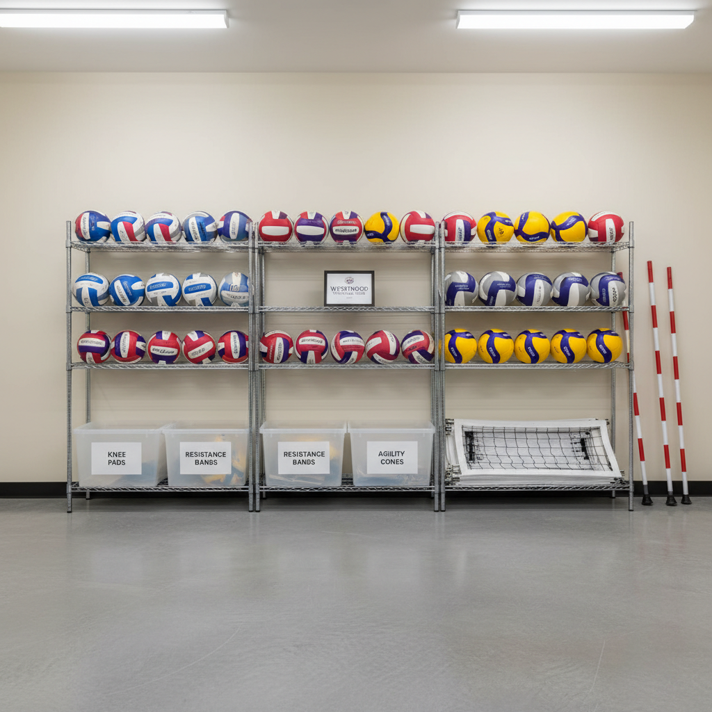 An organized, welcoming volleyball club equipment storage area, photographed in high-detail photographic realism. Sturdy metal racks hold rows of neatly stacked volleyballs, each with clean surfaces and varied color patterns that subtly differentiate training levels. Below, labeled crates contain knee pads and training aids, while a folded net and antenna poles rest against a smooth, light-colored wall. The floor is spotless, lightly textured concrete, reflecting a faint sheen from overhead fluorescent lighting that casts soft, even illumination with minimal shadows. The composition is shot straight-on at eye level, with symmetrical framing that highlights order and professionalism. The mood feels trustworthy, prepared, and community-oriented, conveying that this club is well managed and ready to welcome new members into a structured volleyball environment focused on growth and development.