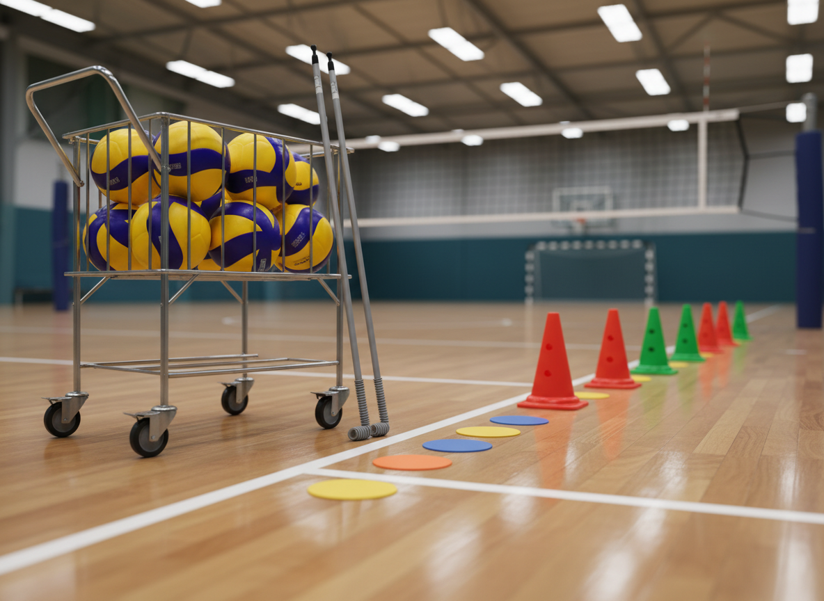 A close-up, photographic view of a neatly organized set of volleyball training equipment arrayed along one sideline of an indoor court. Several textured volleyballs are stacked in a metal ball cart, beside adjustable-height net antennae, flat agility markers, and a row of bright cone drills. The warm wooden floor and visible sideline markings anchor everything in a real training environment. Overhead sports hall lighting creates soft, even illumination with gentle reflections on the floor and faint shadows under the equipment. The atmosphere feels purposeful and disciplined, hinting at structured practice and skill development. Shot from a slightly elevated angle with moderate depth of field, the foreground equipment appears crisp while the net and distant opposite court fade into a mild blur, conveying a modern, professional training culture.